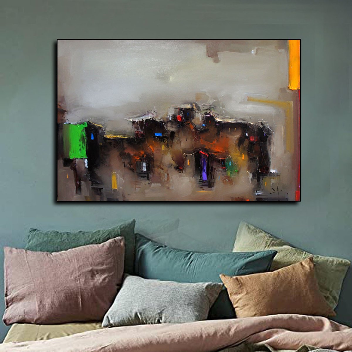 Geometric Landscape Oil Painting By Stanislav Lazarov, 47 X 31", A Walk Through Time, Original Artwork