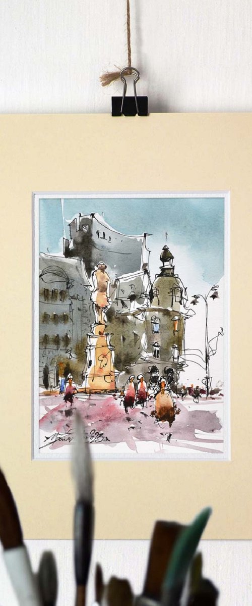 Urban sketching street scene, ink and watercolor. by Marin Victor