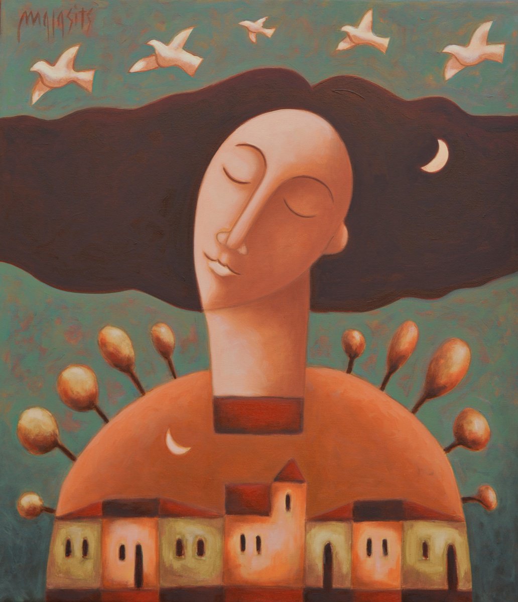 Surrealistic Portrait Oil Painting By Malasits Zsolt, 28 X 31", New Autumn, Original Artwork