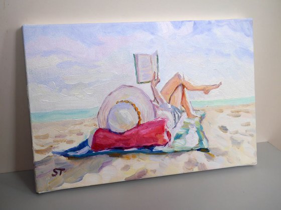 "Reading, girl, sea, sun "  original oil water painting on canvas, ready to hang, small wall decor gift idea