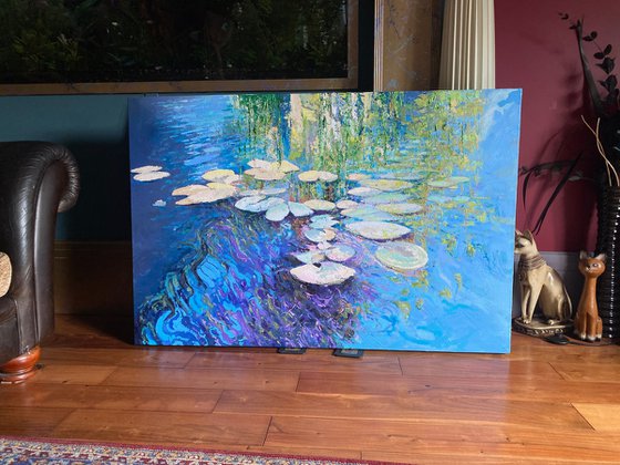 'Water Lilies' Large Impasto Lilly Pad Water Reflections Oil Painting