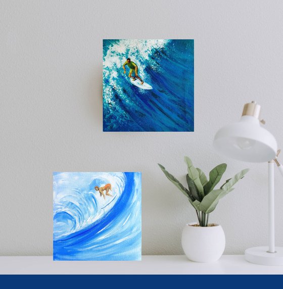 Set of Two Surfers in the blue sea
