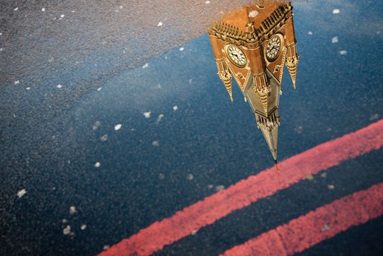 St Pancras Clock Tower Puddle Reflection, London