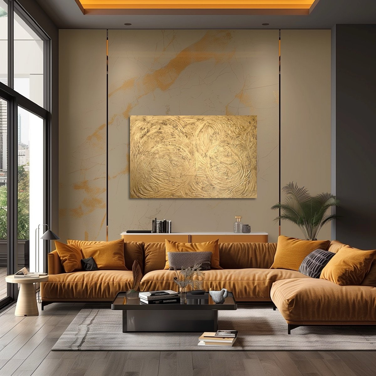 Abstract Acrylic Painting By Exclusive Arts, 47 X 31, Golden Rings, Original Artwork