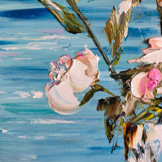 FLOWER MORNING - Seascape. White. Peonies. Tenderness. Shore. Blue art. Ocean view. Horizon. Romantic. Mood.