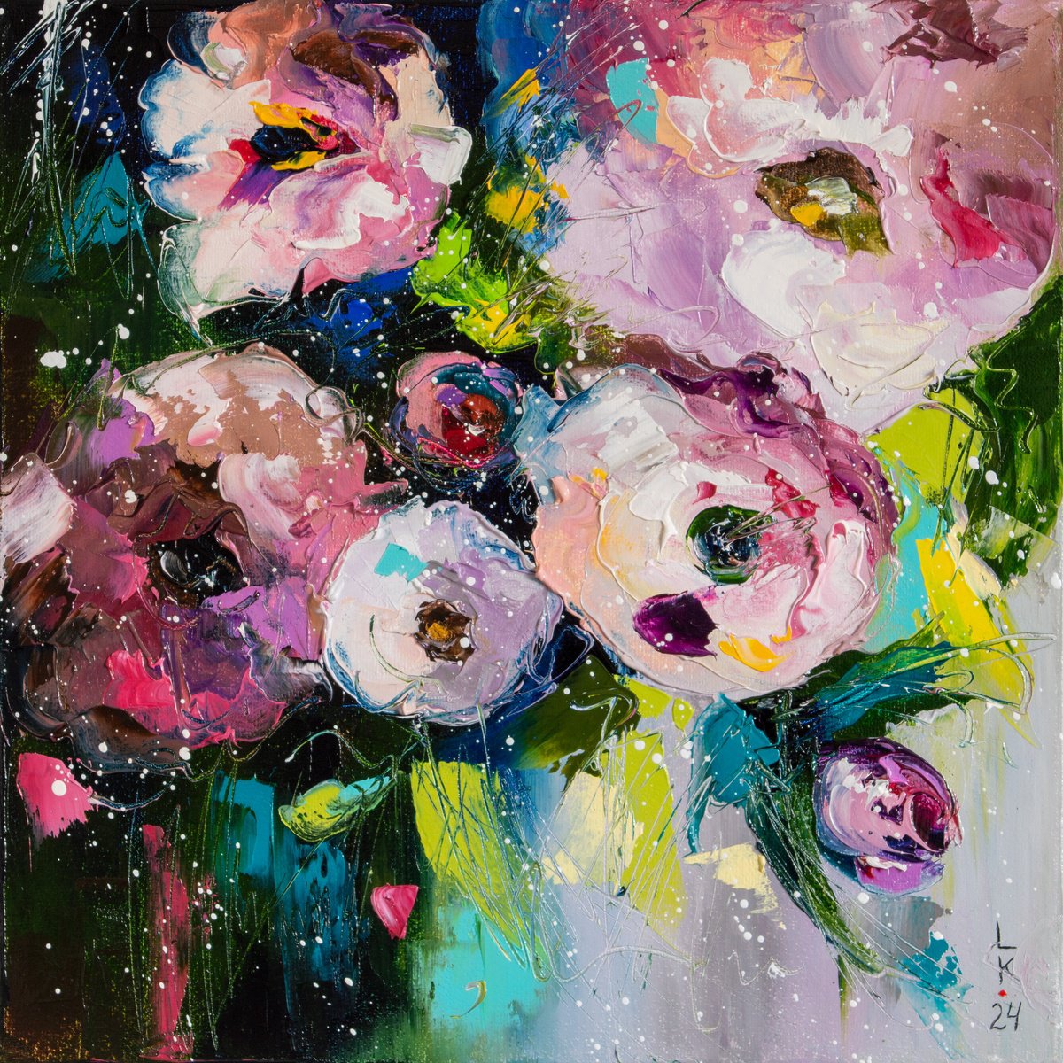 Impressionistic Botanical Oil Painting By Liubov Kuptsova, 12 X 12", Whispering Of Roses, Original Artwork