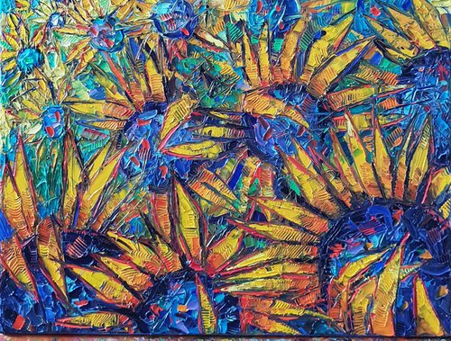 TUSCANY SUNRISE - hills of sunflowers and poppies by the sea impasto palette knife oil painting textured impressionism Ana Maria Edulescu by ANA MARIA EDULESCU
