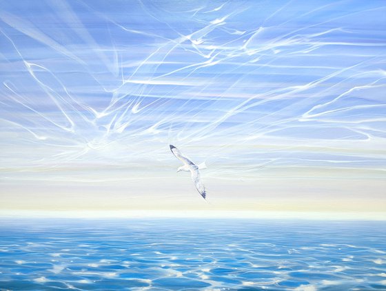 Flying Solo is a wide panoramic seascape painting