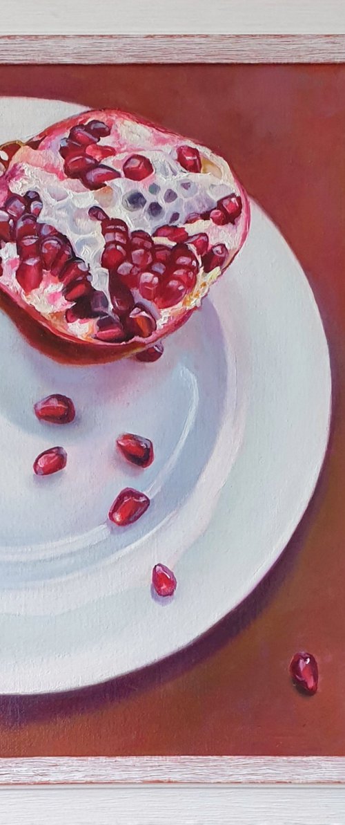 "Secret passions."  pomegranate still life  liGHt original painting  GIFT (2021) by Anna Bessonova (Kotelnik)