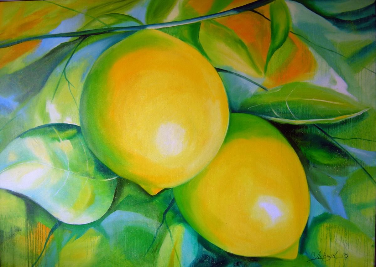 Impressionistic Botanical Oil Painting By Olha Darchuk, 55 X 39", Lemons, Original Artwork