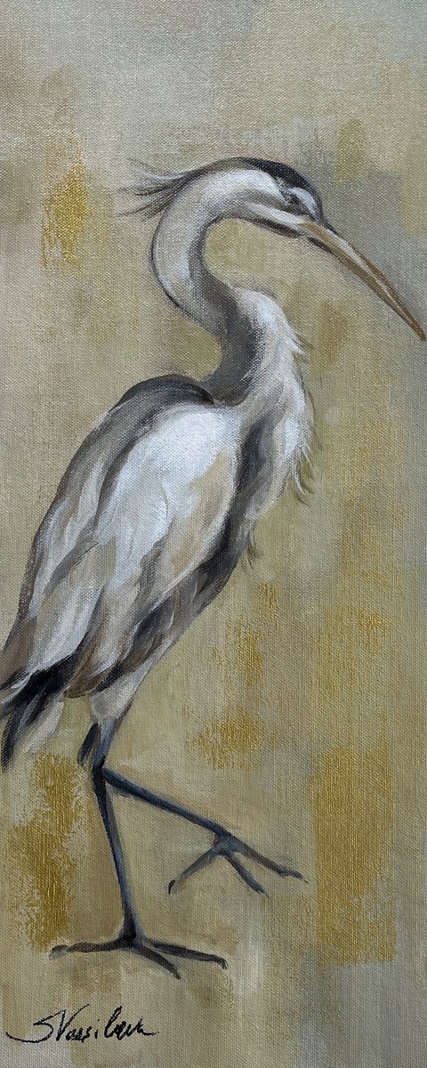 Impressionistic Animal Acrylic Painting By Silvia Vassileva, 8 X 20", Vintage Heron I, Original Artwork