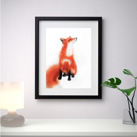 Red Fox II - foxy - fox portrait - fox watercolor - fox looks upwards