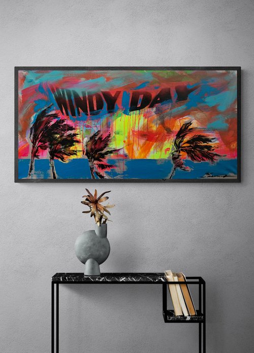 Expressionist bright painting - "WINDY DAY" - Pop Art - Palms and Sea - Night seascape - Sun - Orange Sunset by Yaroslav Yasenev