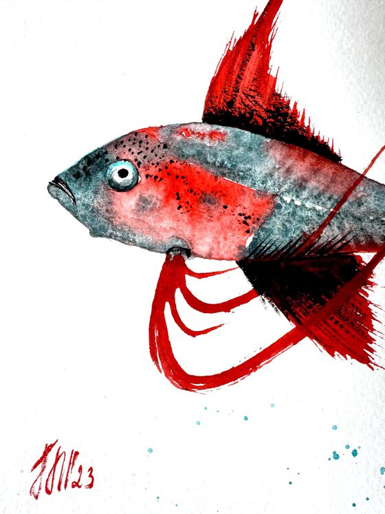 Exotic Red Black fish Diptych