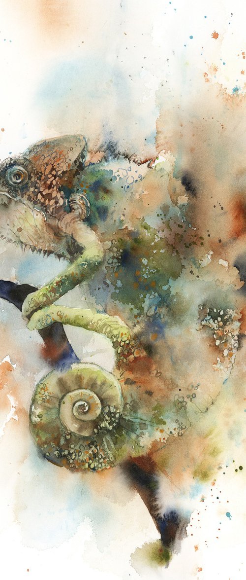 Chameleon Original Watercolor Painting by Sophie Rodionov