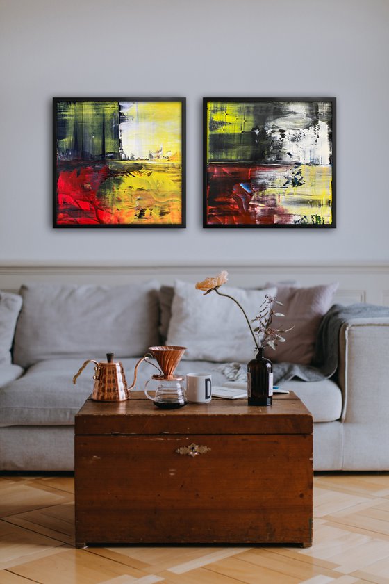 "We're Coming For You" - Save As A Series - Original PMS Abstract Diptych Acrylic Paintings On Wooden Panels, Framed - 52" x 26"