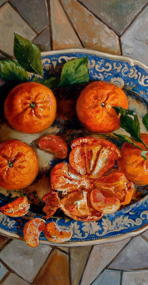 Tangerines on a blue plate by Eduard Panov