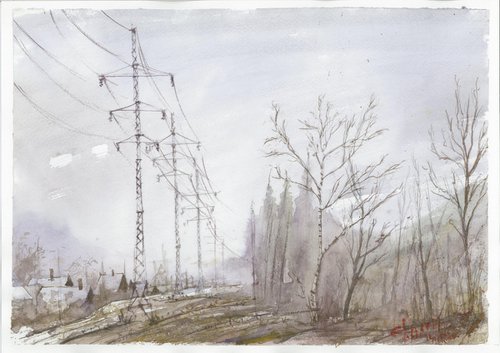 VILLAGE LANDSCAPE Watercolor painting 30*42cm by Eugene Gorbachenko