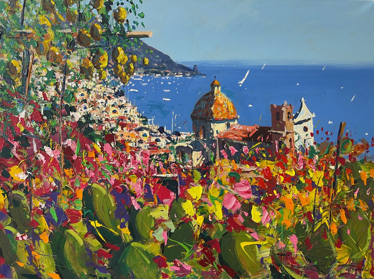 Expressive Landscape Oil Painting By Agostino Veroni, 48 X 36, Positano - Amalfi Coast, Original Artwork