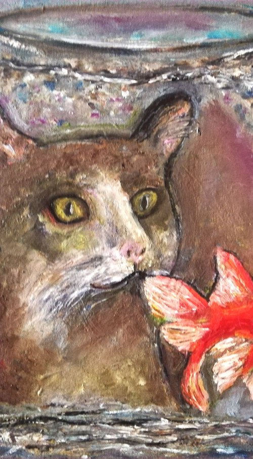 "Cat and Golden Fish " Original Oil on Canvas Board Painting 7 by 10 inches (18x24 cm) by Katia Ricci