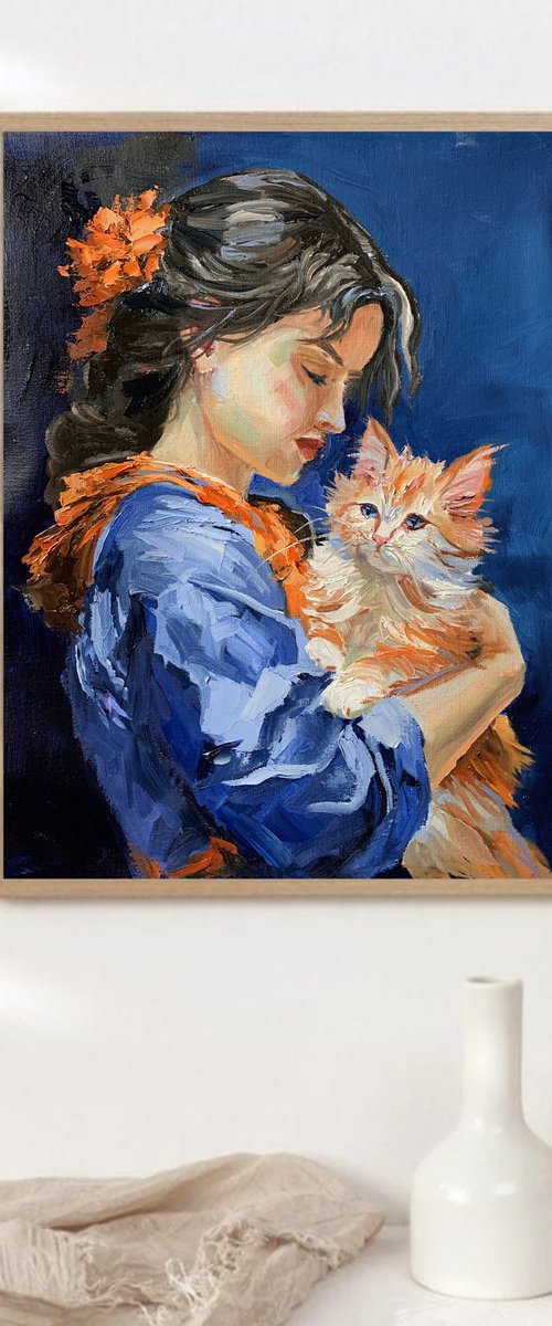 Girl in blue dress, orange cat by Vita Schagen