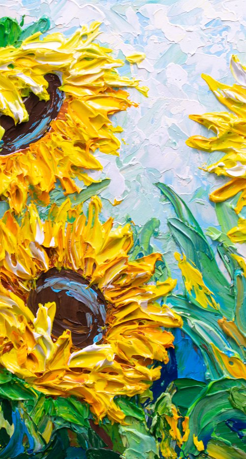 Sunflowers in the morning - Original Floral Painting on Canvas, Palette Knife Art, Textured Impasto Artwork by Olga Tkachyk
