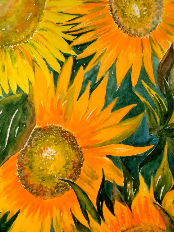 Sunflowers Painting Floral Original Art Flowers Small Watercolor Artwork Home Wall Art 12 by 17" by Halyna Kirichenko