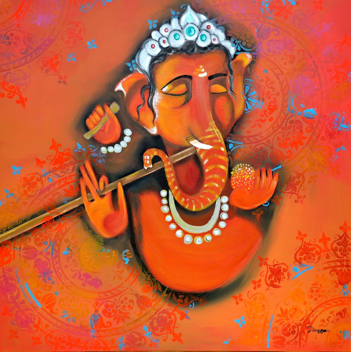 Expressive Portrait Acrylic Painting By Poovi Art, 36 X 36", Ganesha, Original Artwork