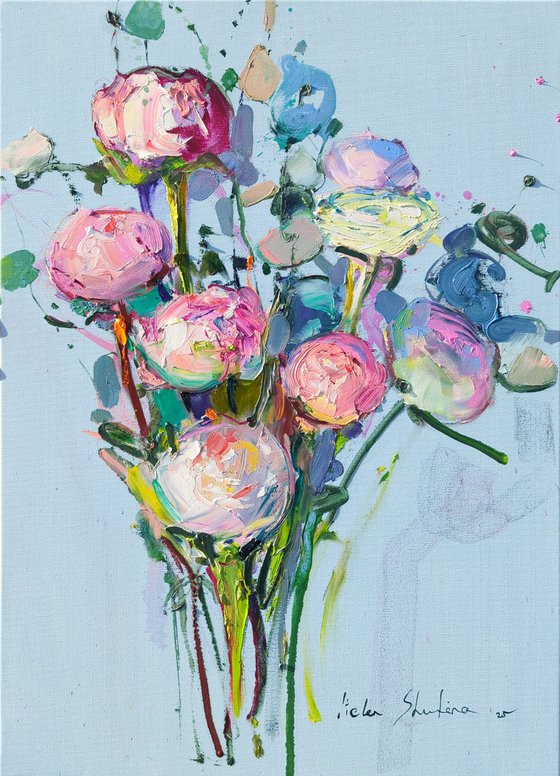 Dreaming peonies on blue