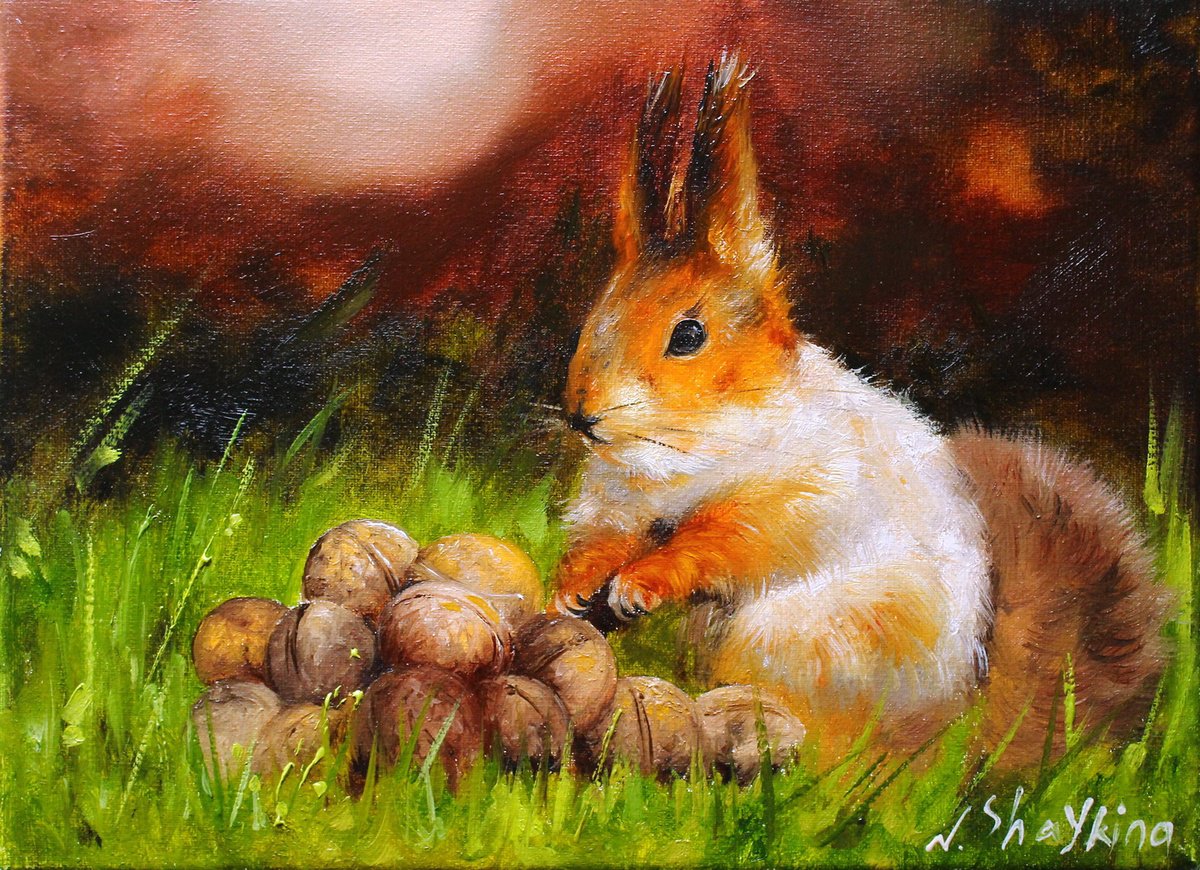 Photorealistic Animal Oil Painting By Natalia Shaykina, 9 X 7", Squirrel And Walnuts, Original Artwork