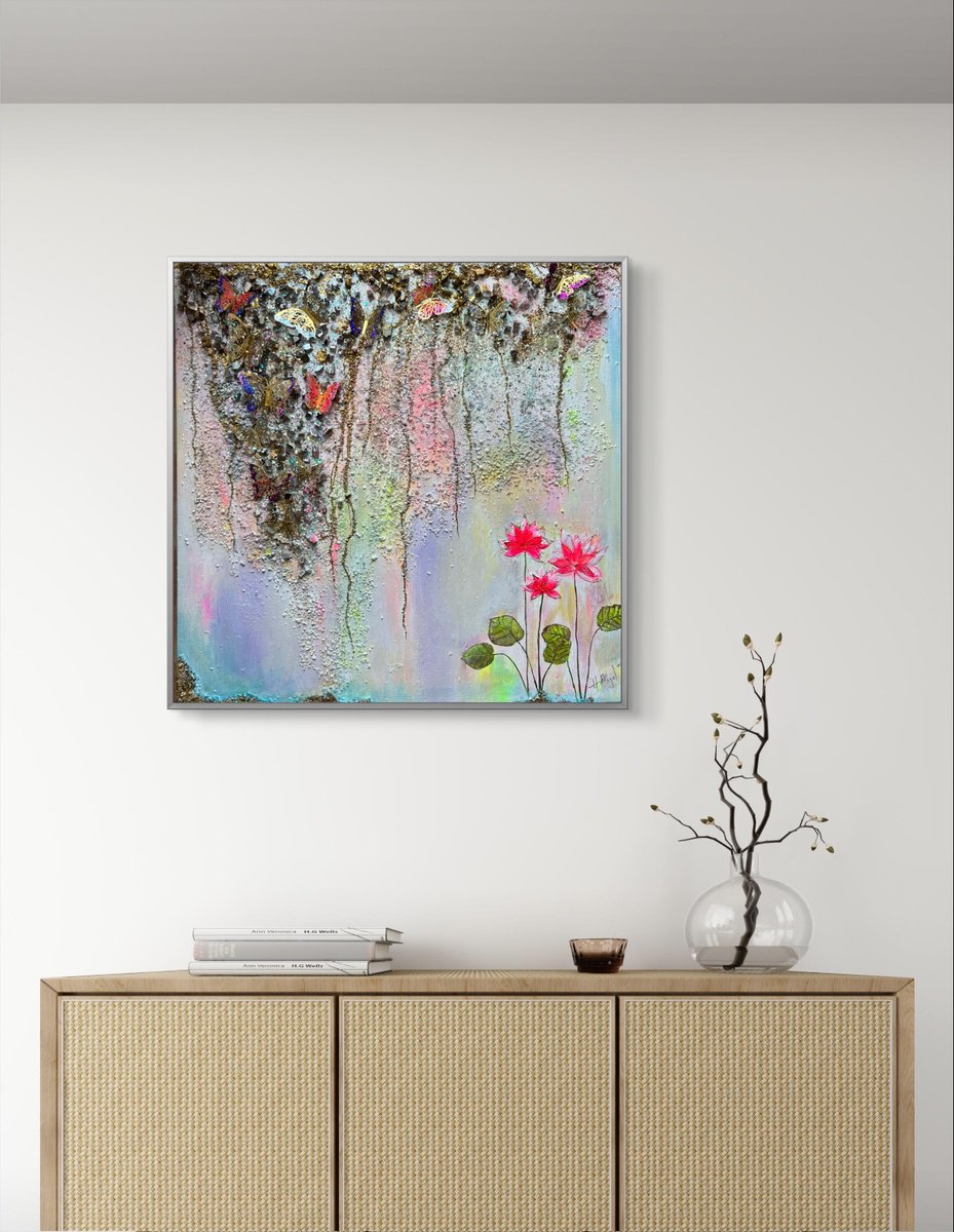 The Lili garden abstract floral soft pink tones with golden butterflies and glitter by Henrieta Angel