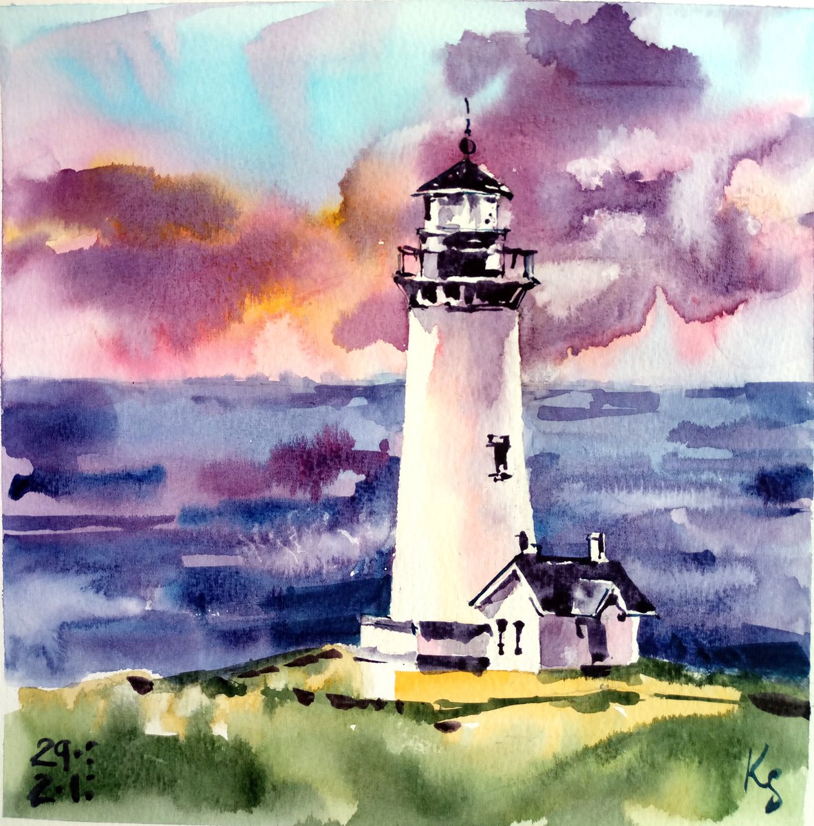 Architectural seascape Sunset. Lighthouse original watercolor artwork in square format by Ksenia Selianko