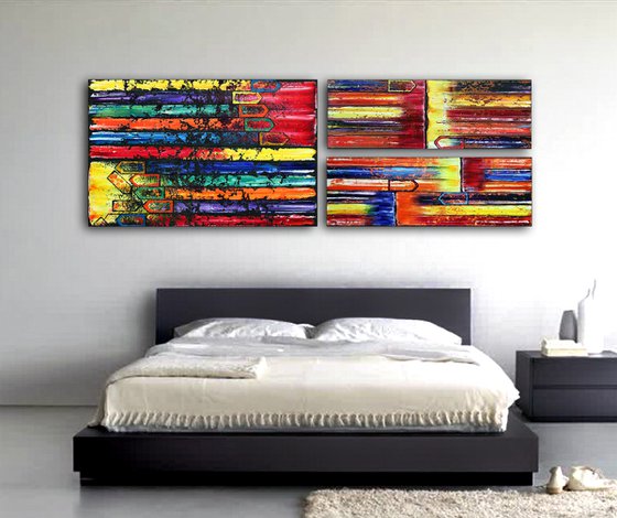 "The Grown-Ups Are Talking" - Original Xt Large PMS Abstract Triptych Oil Paintings On Canvas and Recycled Wood - 76" x 26"