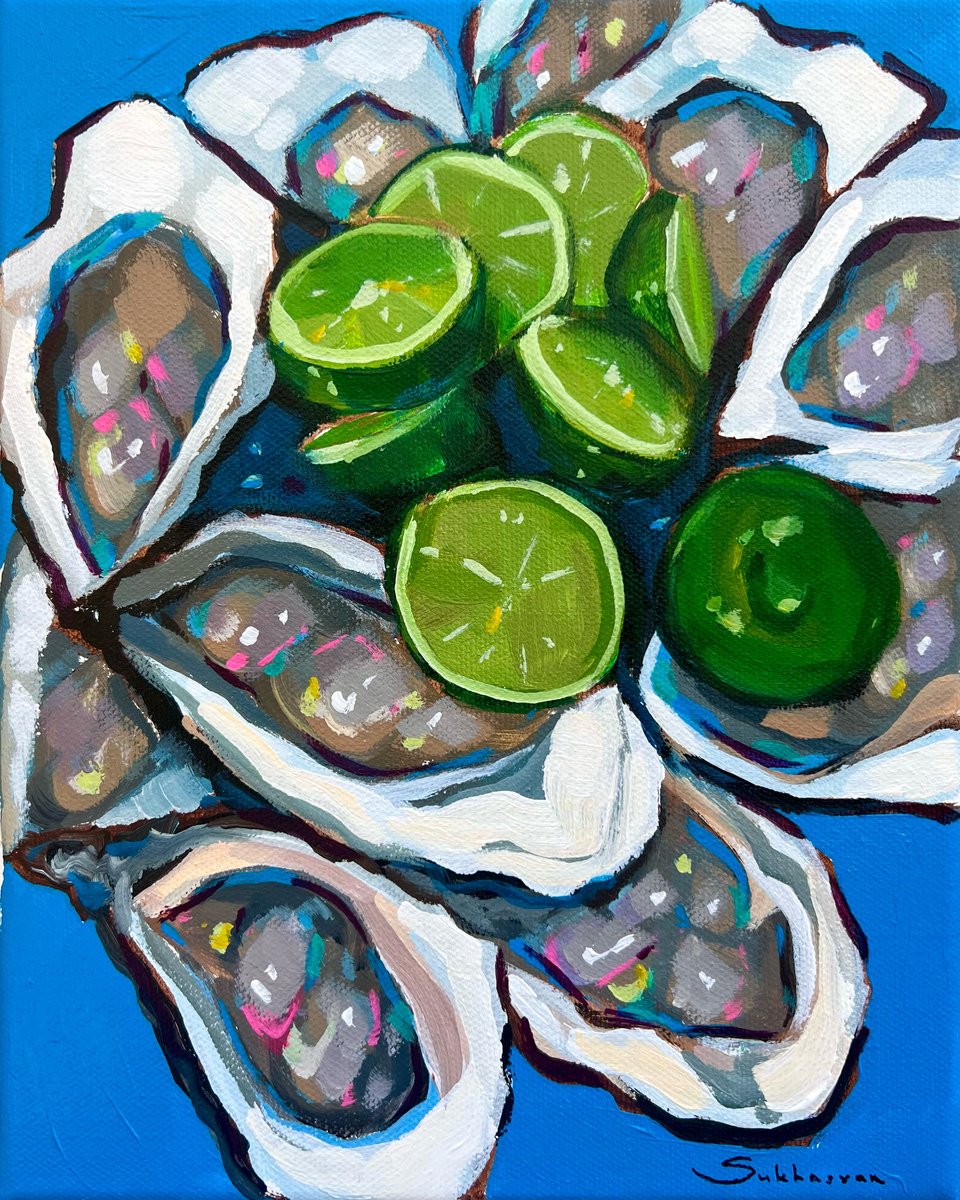 Impressionistic Still Life Acrylic Painting By Victoria Sukhasyan, 8 X 10", Still Life With Oysters And Limes, Original Artwork
