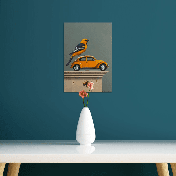 Still life with bird and yellow car