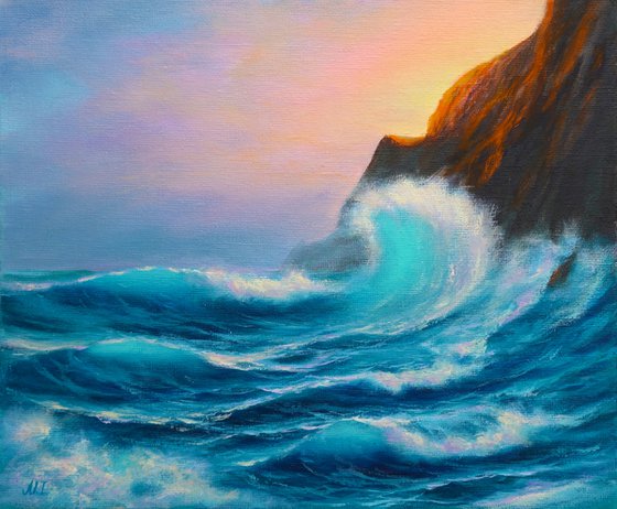 Waves - Painting Seascape Original Art Ocean Artwork Wave Wall Art Storm Small Painting 12" by 10"