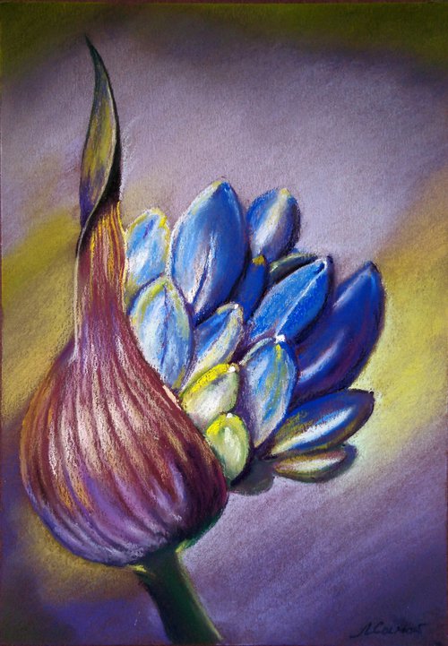 "Blooming decorative bow" original blue pastel painting for the interior by Liubov Samoilova