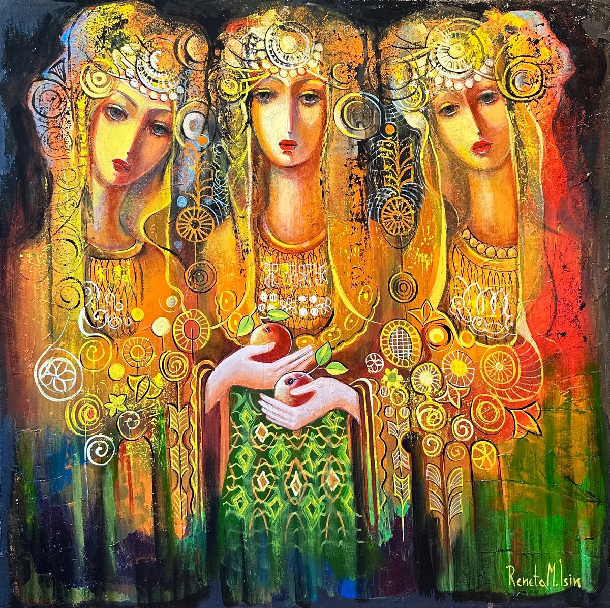 Expressive Portrait Oil Painting By Reneta Isin, 31 X 31", " Sunny Girls ", Original Artwork