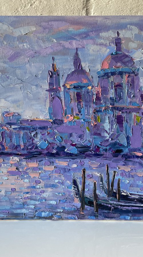 Two gondolas in Venice. Original oil painting by Mary Voloshyna