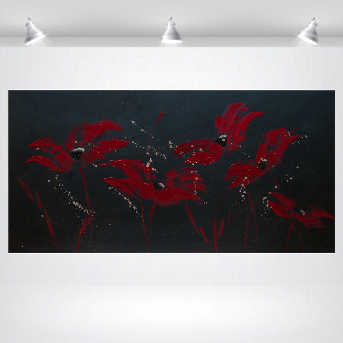 Abstract Botanical Acrylic Painting By Edelgard Schroer, 39 X 20, Poppies At Midnight, Original Artwork