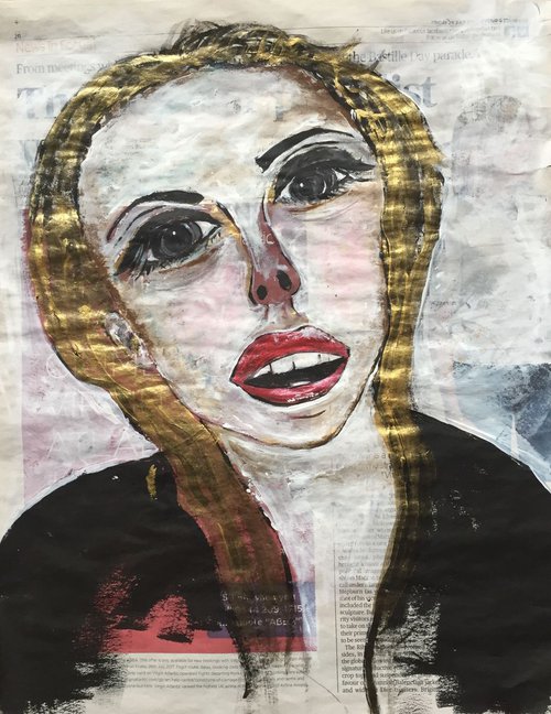 The Face Acrylic on Newspaper Face Art Woman Portrait Red Lips 37x29cm Gift Ideas Original Art Modern Art Contemporary Painting Abstract Art For Sale Free Shipping by Kumi Muttu