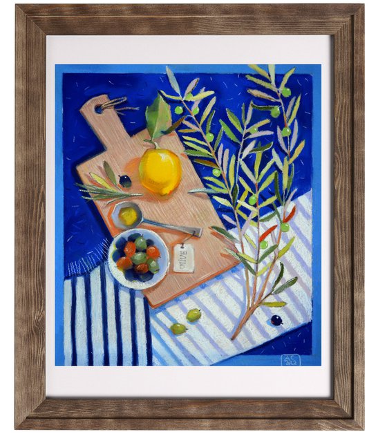 still life with olives and lemon.