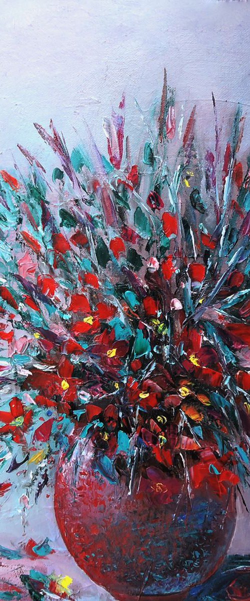 Red Flowers in a Red Vase by Veta  Barker