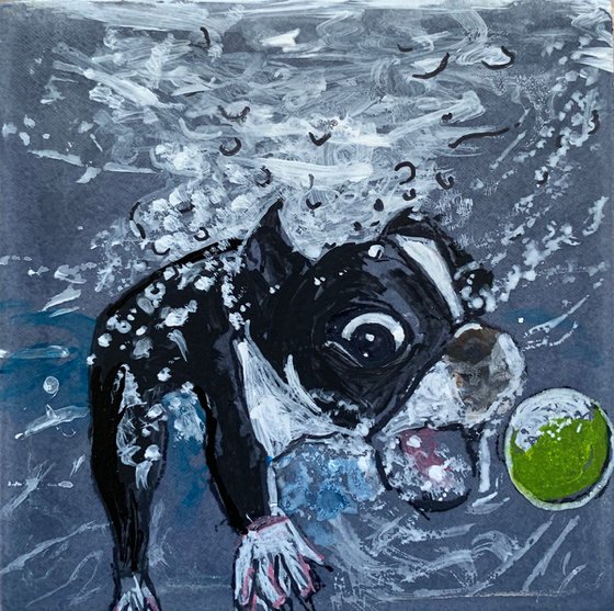 Catch! Acrylic Painting of Dog Underwater Catch Tennis Ball Fun Art Home Decor Gift Ideas