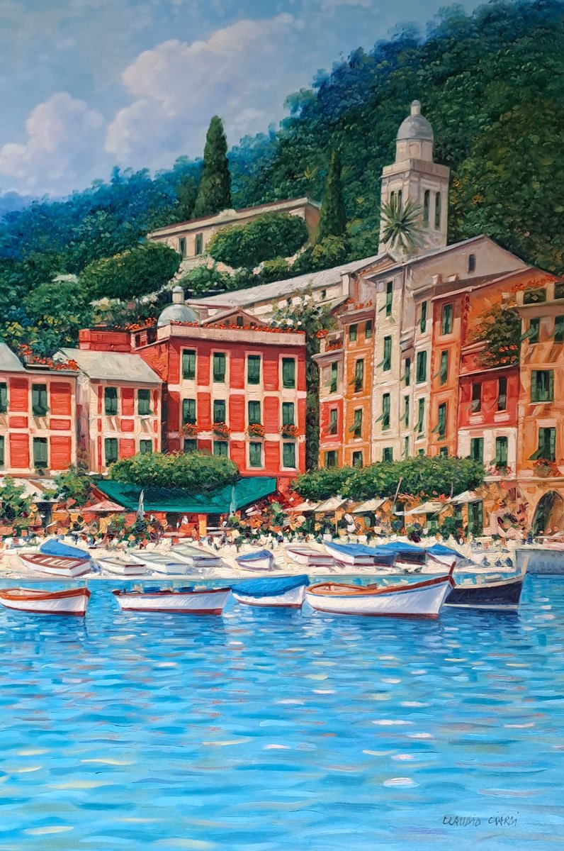 Impressionistic Cityscapes Oil Painting By Claudio Ciardi, 28 X 39, Portofino, Original Artwork