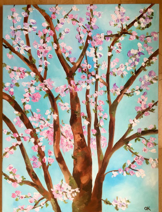 Apple blossom , spring in London white, pink, turquoise 81 x 61 cm  ready to hang oil painting