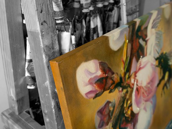 "Furry Bumblebee"  spring apple tree flower bumblbee liGHt original painting  GIFT (2016)