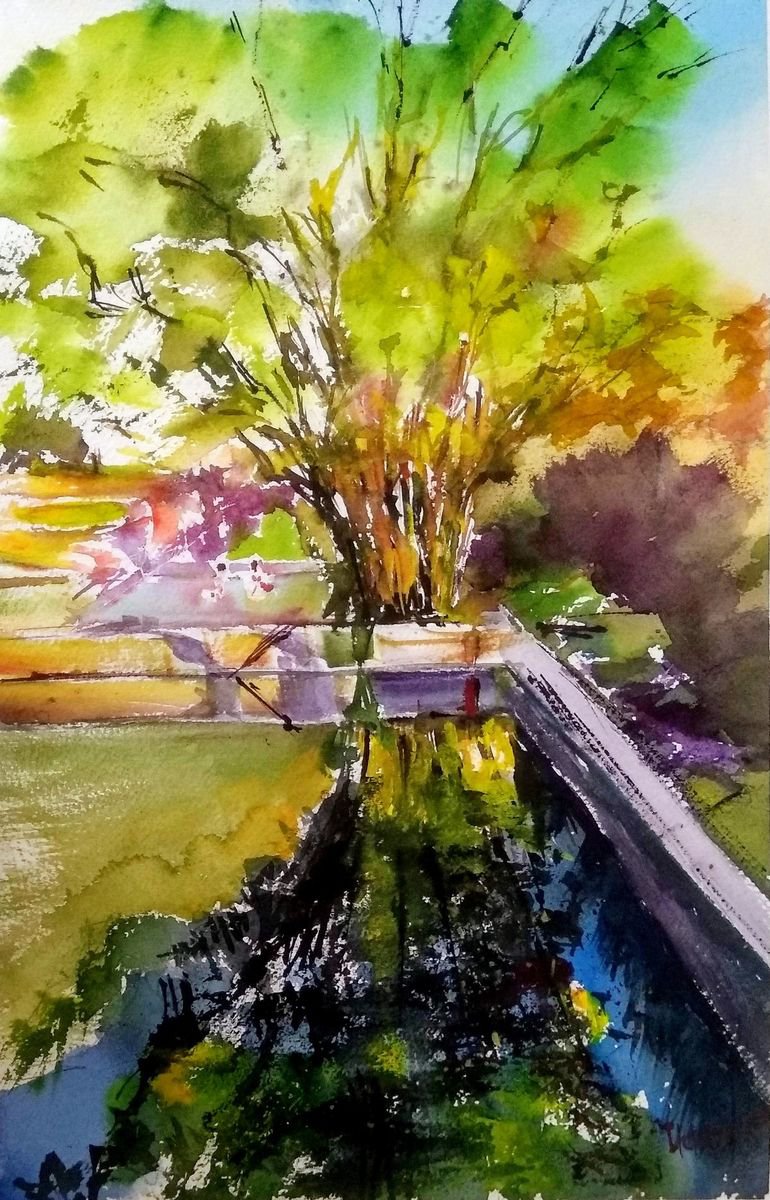 Impressionistic Landscape Watercolour By Leonid Kirnus, 10 X 16", Old Pool, Original Artwork