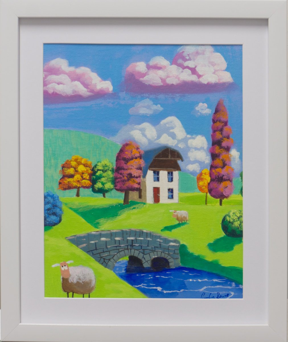 Naive Landscape Oil Painting By Gordon Bruce, 11 X 13, Folk Art Scene With Sheep, Original Artwork