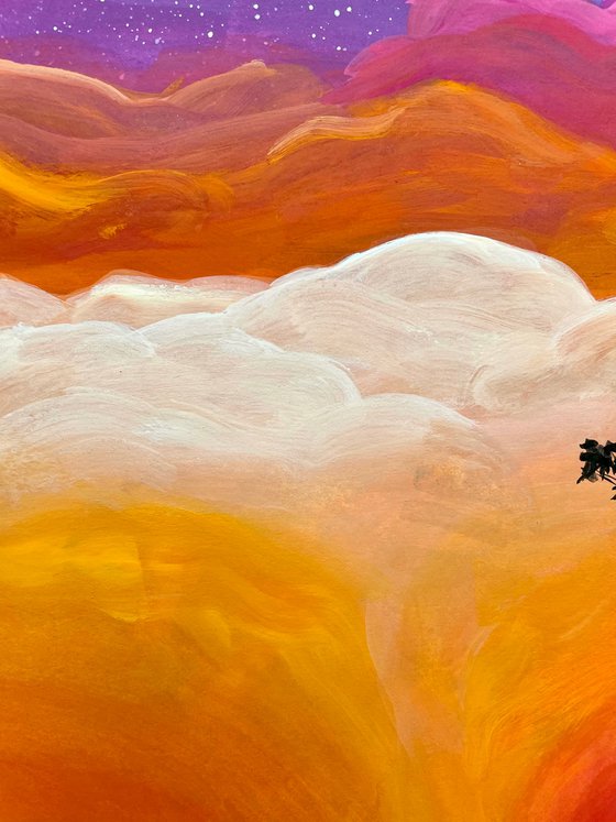 Sunset Sky Original Gouache Painting, Landscape Artwork, Boho Home Decor